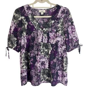 LOFT Floral Women Print V-Neck Blouse Top Size S Purple‎ & Gray Elastic Waist
